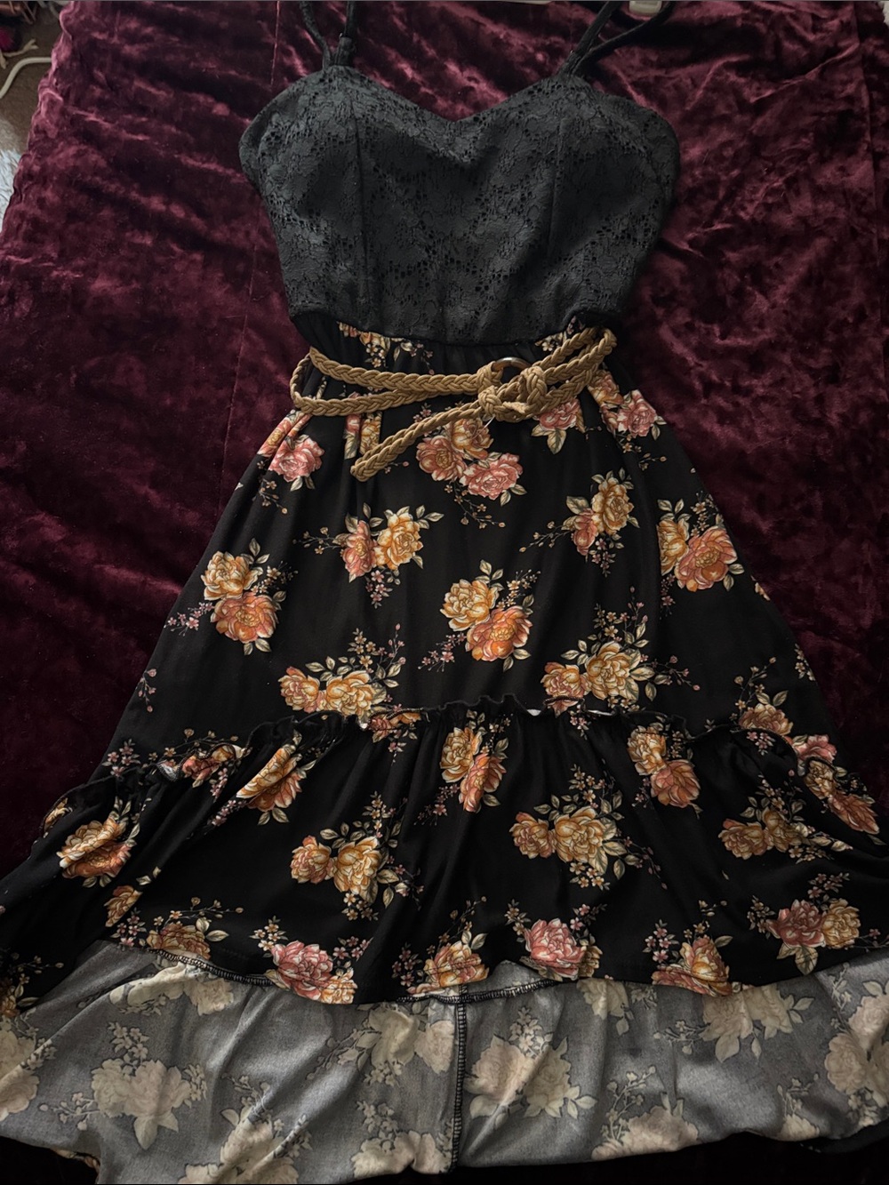 Black Floral Tiered Sundress with Rope Belt - Picture 1 of 4